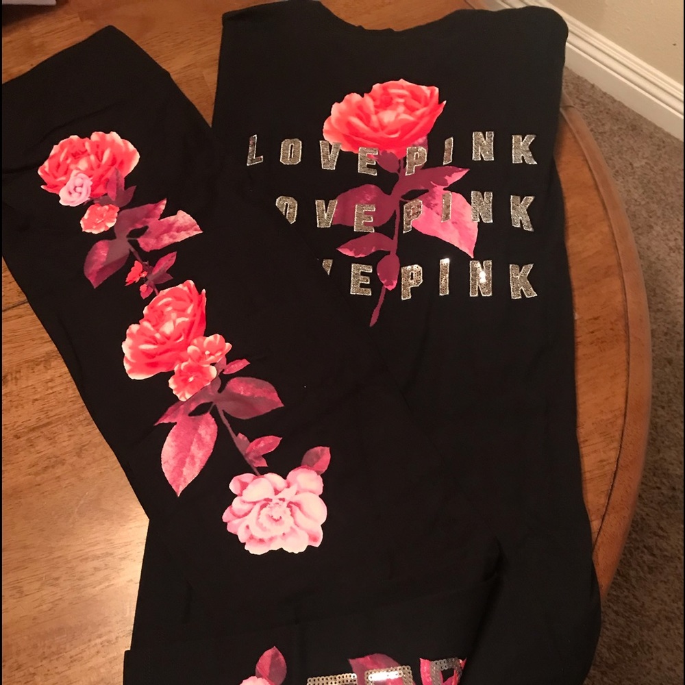 VS Pink black floral bling top & leggings XL